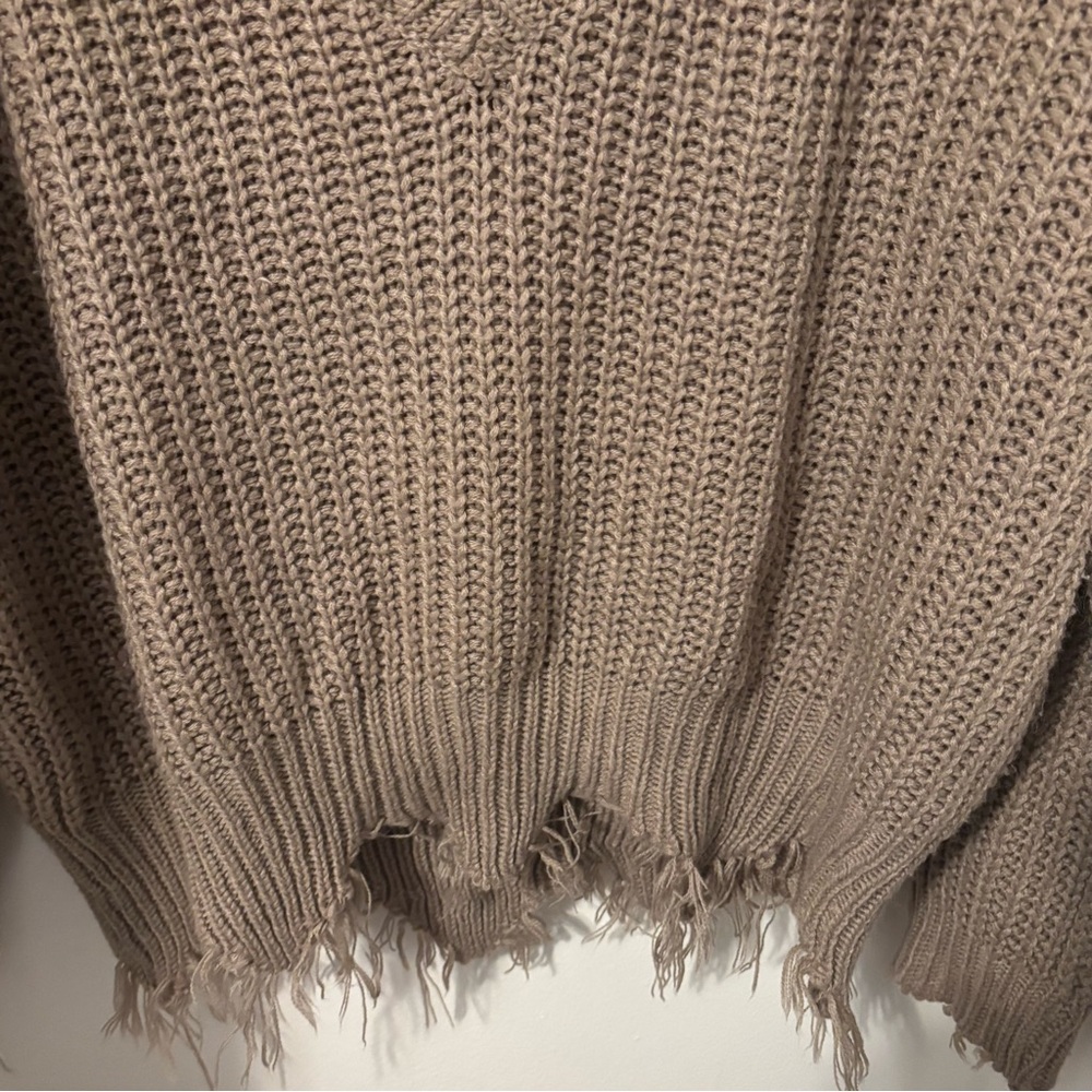 Women’s Distressed Long Sleeve Sweater By MainStrip, Tan/Beige, V Neck, Medium - Picture 7 of 7